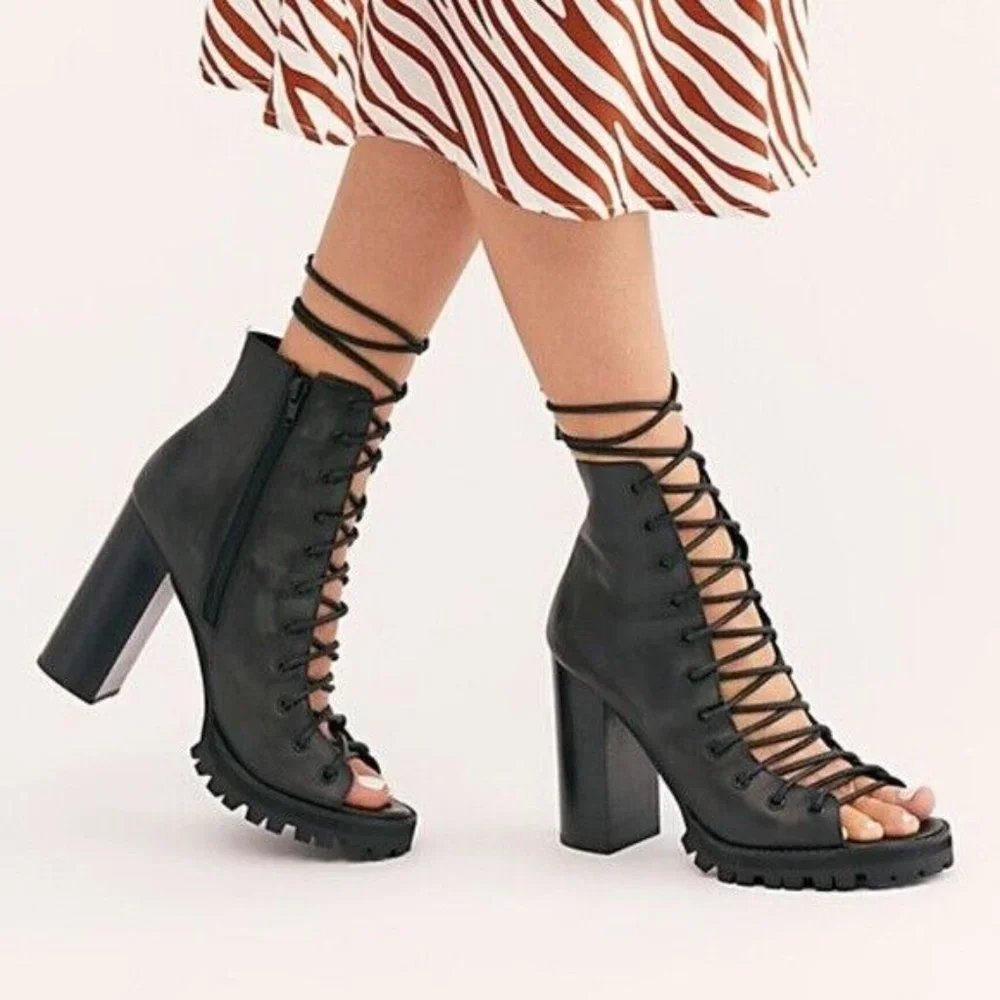 Free People Palermo Heels Black Lace Up Boot Sole Women's Size 9 New
